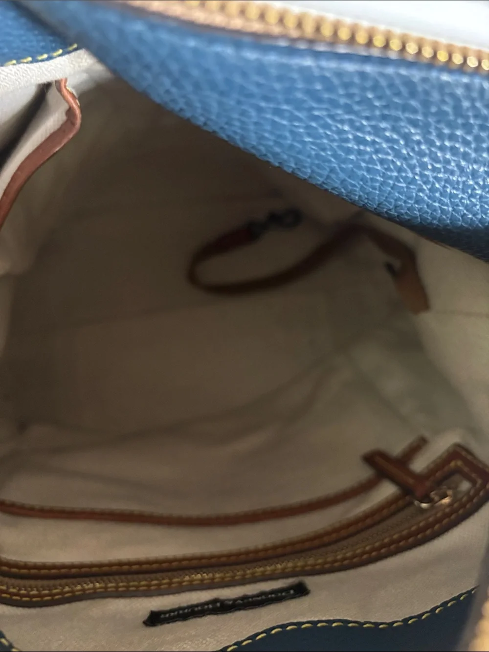 Dooney & Bourke Denim Blue Pebbled Leather Messenger with Brown Trim